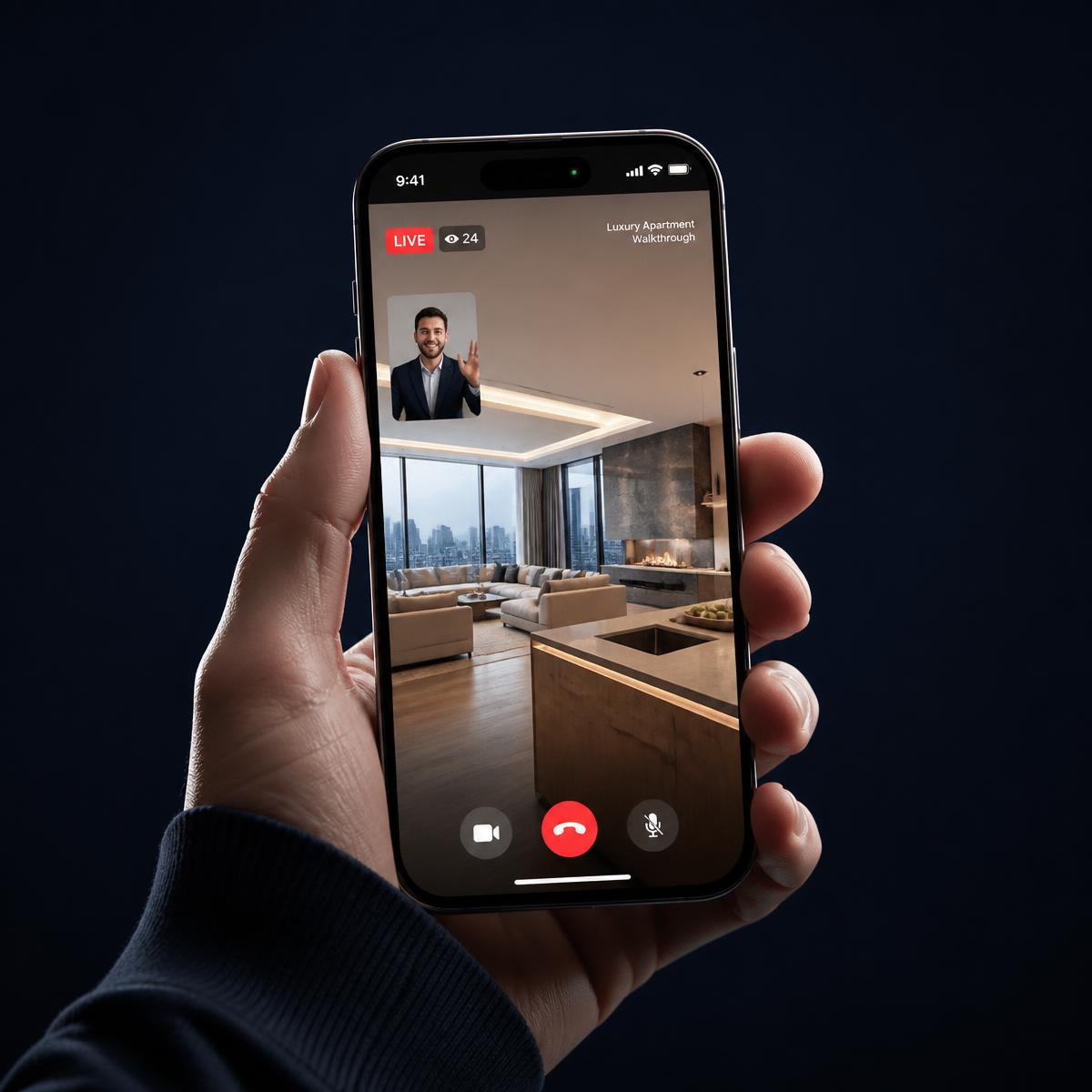 Smartphone showing a live virtual walkthrough of a luxury apartment